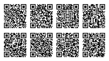Fototapeta premium Black and White QR Code Pattern Collection with Eight Decorative Codes Vector Illustration