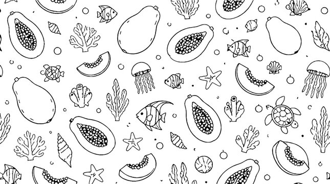 Tropical avocado and sea life illustration pattern.