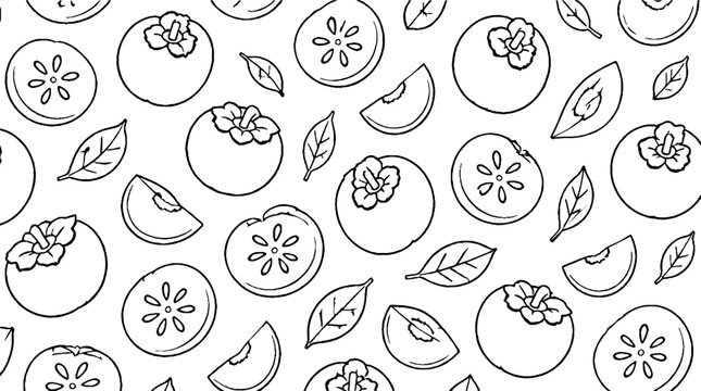 Detailed line art of persimmons and leaves pattern.