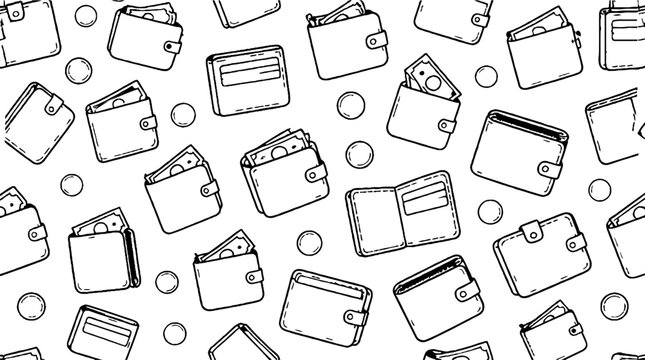 Hand drawn wallet and credit card icons pattern.