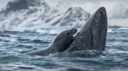 Fototapeta premium Two seals interacting in the ocean with snowy mountains in the background.