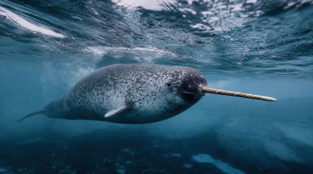 Underwater view of a narwhal whale with its distinctive tusk swimming in clear blue ocean water.