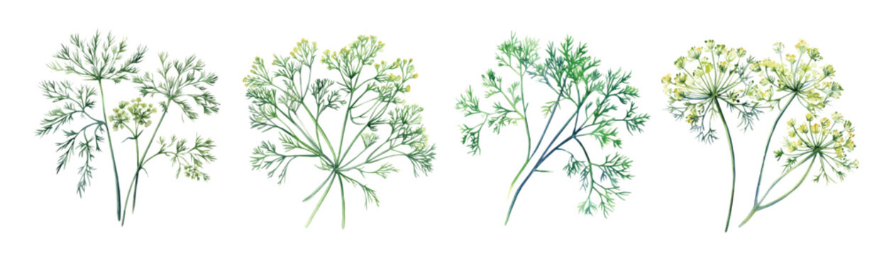 Hand-drawn, Artistic watercolor design of dill plant, hand-painted and isolated on a white background, suitable for print and digital use, EPS file. vector painting