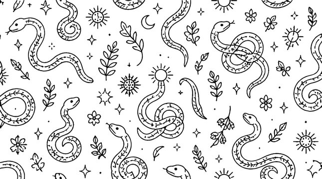 Intricate black and white snake and celestial pattern design.