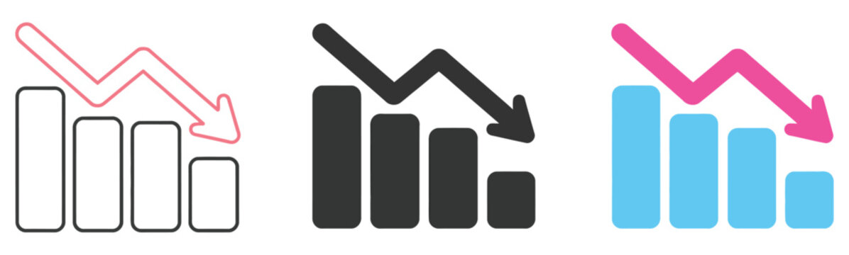 Set of Bar Chart Icons Featuring Downward Trend Arrow for Economic Decline, Revenue Loss, Market Drop and Financial Risk Visualization in Business Analytics, Vector Designs
