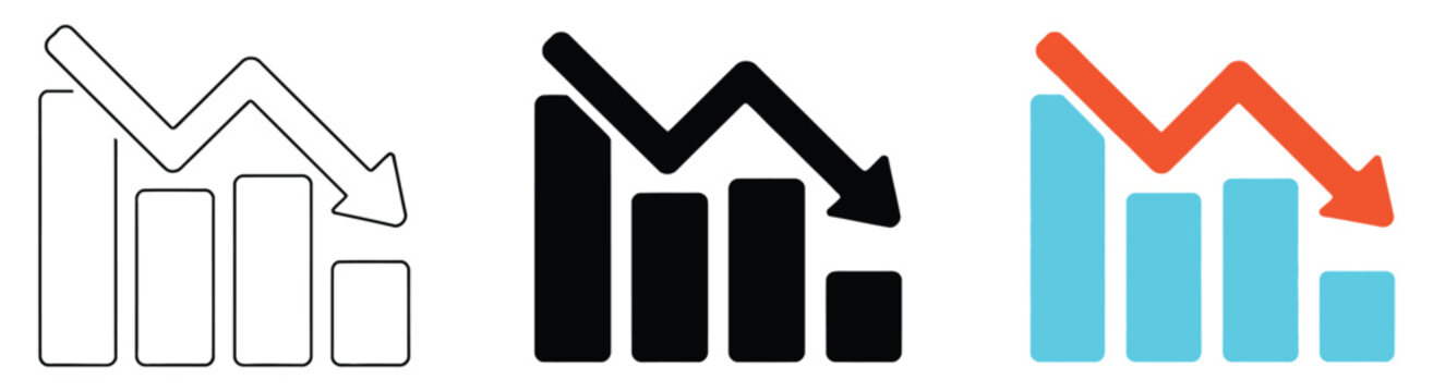 Set of Three Bar Chart Icons with Downward Trend Arrow for Financial Loss, Business Decline, Economic Recession and Performance Drop Analysis, Vector Designs