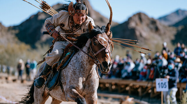 Traditional mounted archer completing three-arrow run at heritage event finish marker, horse slowing from gallop, quiver empty on back, timer official recording split time at line, spectators on tim