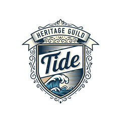 Naklejka premium Vintage nautical crest with ocean wave and Heritage Guild text.