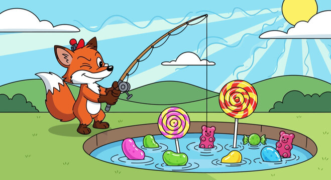 Cartoon fox fishing for candy in whimsical landscape under sunny sky