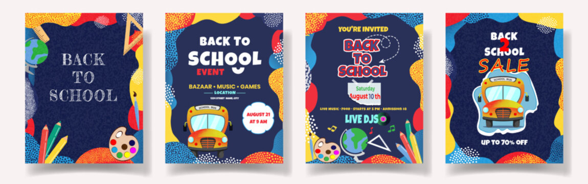 Set of Back to School Posters Templates with dark background, school bus, checkered paper, stationery, educational materials, grainy decor. Handdrawn vector Banner,Event Invitation, Sale, Promotion