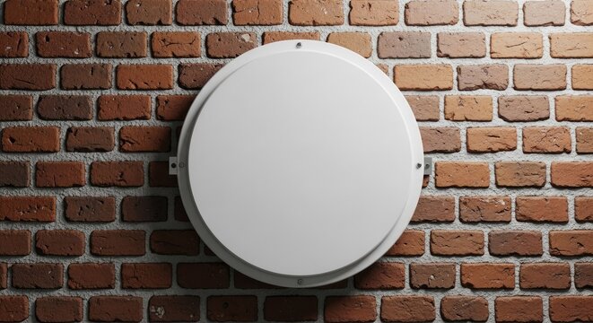 Circular white blank sign mockup on aged brick wall