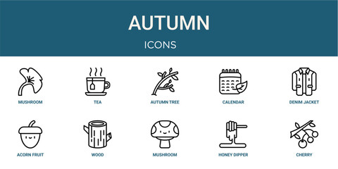 Set of 10 outline Autumn icons for reports, landing pages and application screens. Editable stroke icon pack including mushroom, tea, denim jacket, acorn fruit and cherry. © Marie