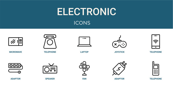 Set of 10 outline Electronic icons for reports, landing pages and application screens. Editable stroke icon pack including microwave, telephone, telephone, adaptor and telephone.