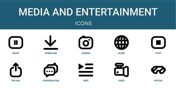 Set of 10 outline Media and Entertainment icons for reports, landing pages and application screens. Editable stroke icon pack including pause, download, stop, upload and virtual reality.