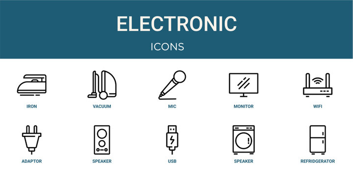 Set of 10 outline Electronic icons for reports, landing pages and application screens. Editable stroke icon pack including iron, vacuum, wifi, adaptor and refridgerator.