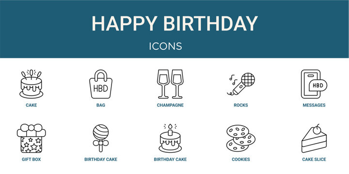 Set of 10 outline Happy Birthday icons for reports, landing pages and application screens. Editable stroke icon pack including cake, bag, messages, gift box and cake slice.