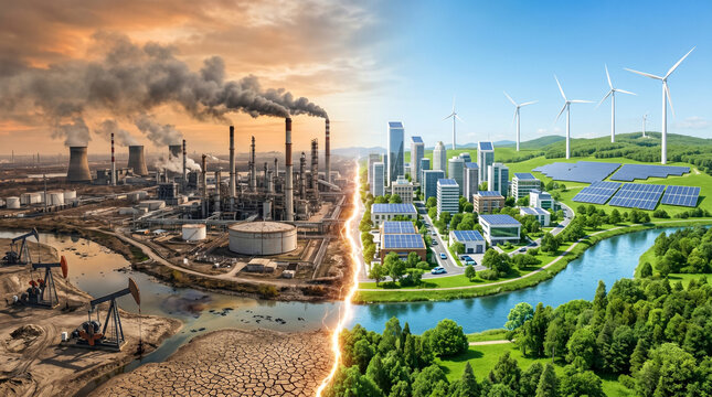Contrast between industrial fossil fuel pollution and sustainable green city with renewable energy, Climate change concept showing factory smoke and dry earth versus clean eco-friendly environment.