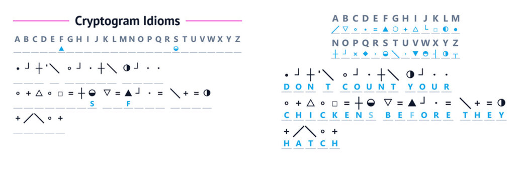 Cryptogram guide featuring coded idioms and symbols  