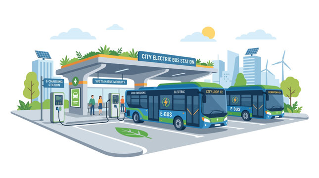 Electric Buses Charging At Eco-Friendly City Station, Sustainable Transport Concept