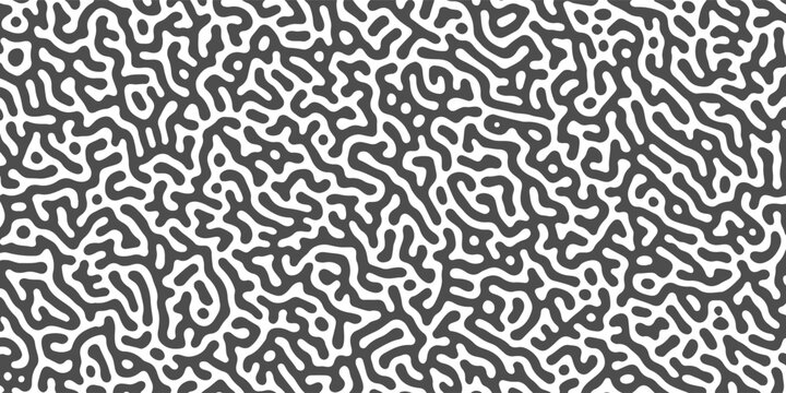 Turing reaction diffusion monochrome seamless pattern with chaotic motion. Overlay template abstract turing organic wallpaper. Natural maze labyrinth, reaction diffusion seamless vector pattern.
