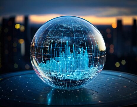 Crystal sphere displaying future business trends and global market analytics with cityscape visualization