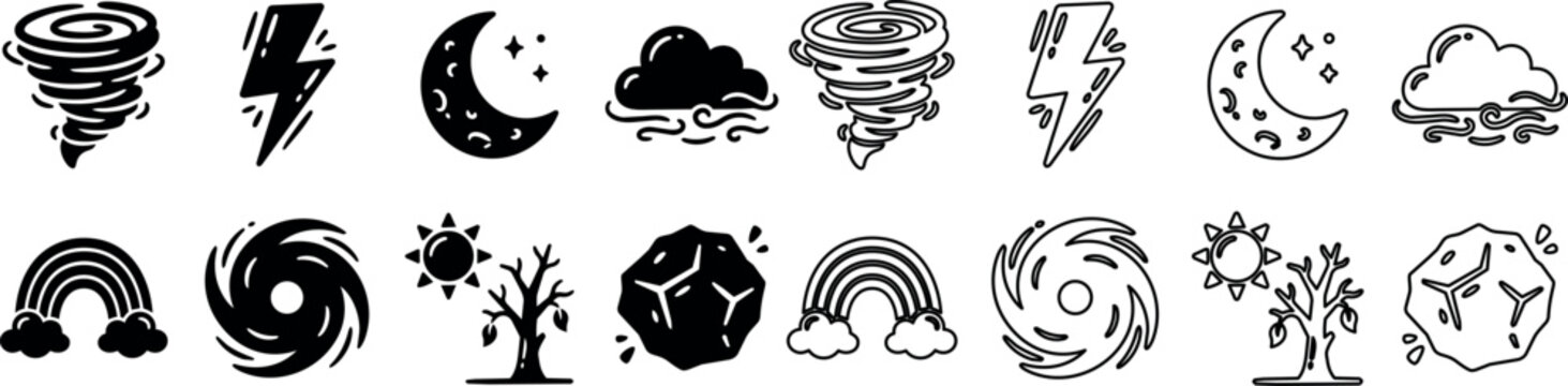 Set of black and white weather and natural disaster icons including tornado, lightning, moon, cloud, rainbow, cyclone, sun, tree, and asteroid