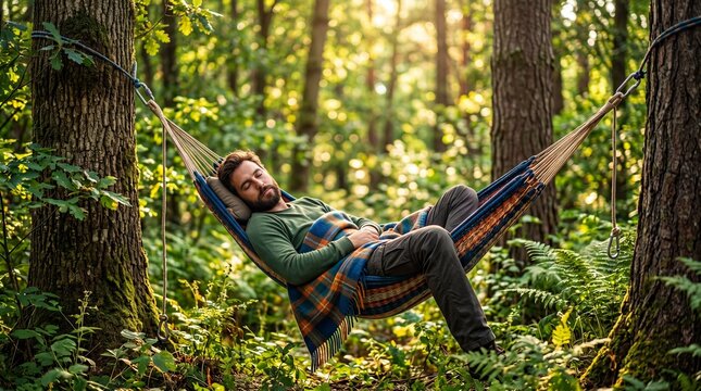 Man sleeping in hammock tied between tree in forest. Bearded guy resting under plaid blanket during sunny day in nature. Peaceful vacation and outdoor recreation concept in wilderness
