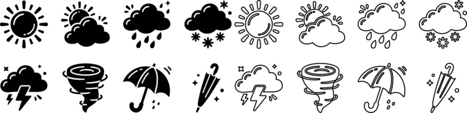 Weather icons showing sun, clouds, rain, snow, thunderstorm, tornado, and umbrella in filled and outline styles