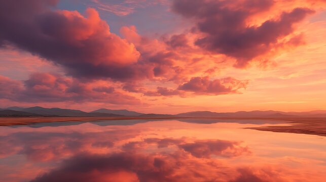 Vibrant orange and pink cloud streaks in evening sky with soft light rays clouds