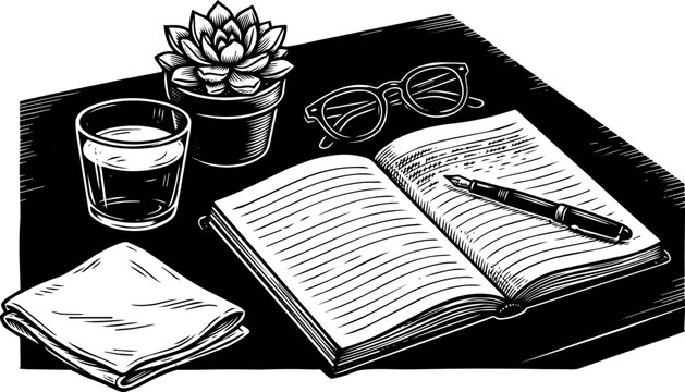 Open notebook with pen, glasses, succulent plant, glass of water, and napkin on table