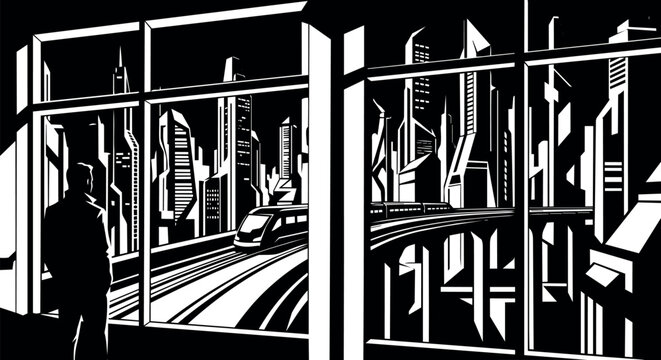 Silhouette of person looking out window at futuristic cityscape with monorail train