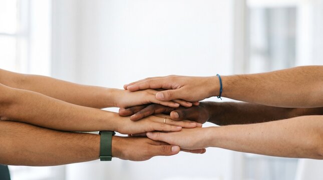 Diverse group of people stacking hands together as a symbol of unity and teamwork