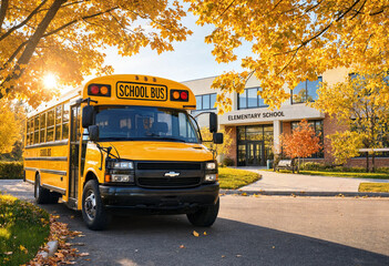 Obraz premium Yellow school bus arriving at elementary school entrance during autumn with golden sunlight filtering through trees