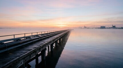 Obraz premium A serene view of an old wooden pier stretching into the calm water during a peaceful sunrise.