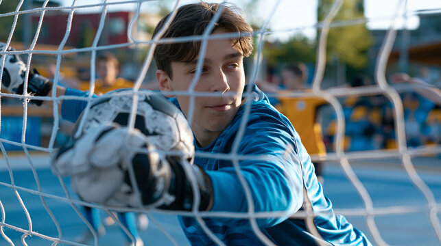 Blind football goalkeeper calling defensive wall positioning during corner kick situation, outfield players arms out signaling, sighted opponent guide calling movement cues, painted boundary boards 