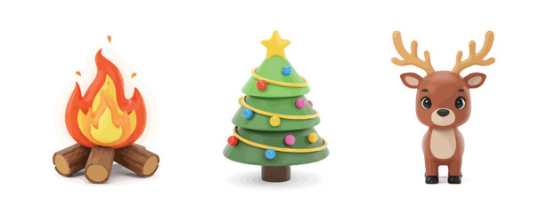 Fototapeta premium Cartoon campfire christmas tree and reindeer illustration