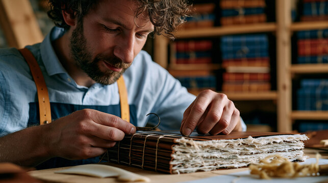 Bookbinder in a heritage craft studio pulling linen thread through a leather-covered codex spine with a curved needle, bone folder and beeswax cord resting on the bench, stacked completed journals v