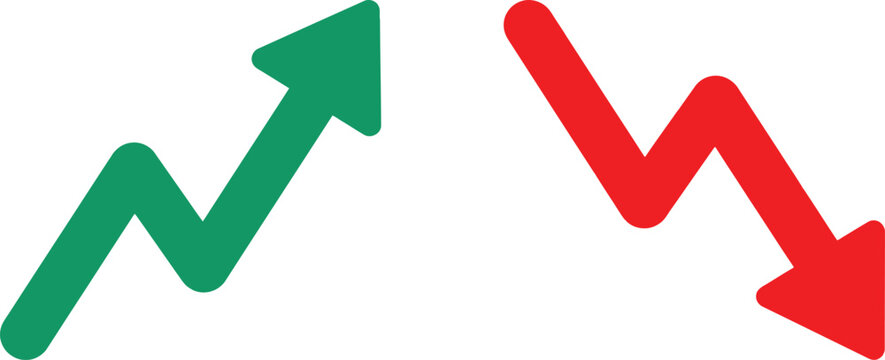 Green rising arrow and red falling arrow icons for business growth and financial market analysis