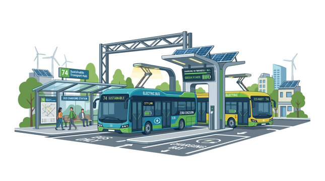 Electric Buses Charging at Sustainable City Station with Solar Panels and Wind Turbines