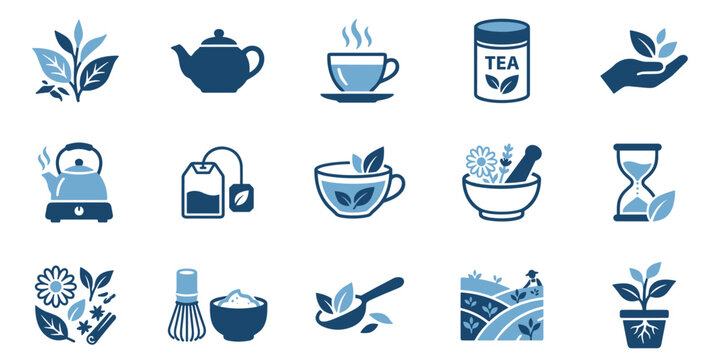 Set of blue tea icons covering harvesting brewing teabags teapots and healthy herbal cups.