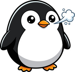 Obraz premium A charming cartoon penguin with a round body, exuding cold mist from its mouth. Features black and white plumage, an orange beak and feet, and a joyful expression. Isolated for easy use.