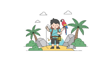 Fototapeta premium A charming vector illustration of a young boy adventurer with four arms standing on a tropical island with his pet parrot and gear.