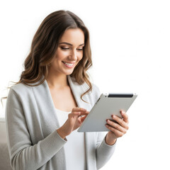 Fototapeta premium Smiling young businesswoman using a digital tablet with a stylus pen in office isolated on white background