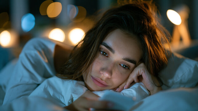 exhausted adult slumped on bed at 2am with phone screen illuminating their face in darkness, social media feed scrolling endlessly, dark circles visible, bedroom fully clothed suggesting inability t