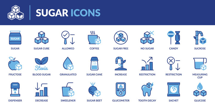 Flat vector sugar icons set with food and health symbols