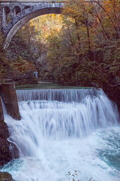Dam of a hydropower plant from 1903 on the Radovna river which forms the Soteska Vintgar gorge, under a railway bridge from 1904-05. Bled-Slovenia-096