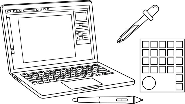 Digital drawing laptop with stylus, color picker grid, and eyedropper tool