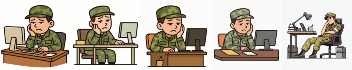 Obraz premium vector of tired and bored soldiers at work desk