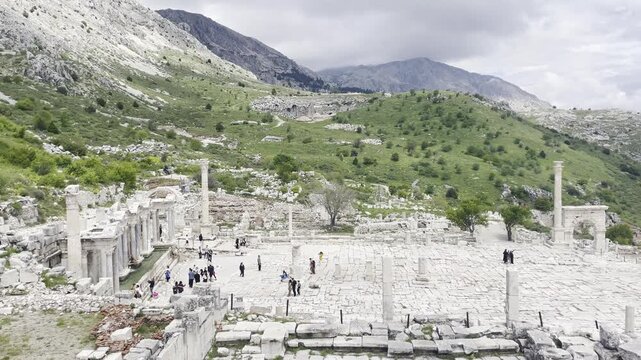 white marble columns standing on the upper agora square at Sagalassos ancient city excavation in Turkey