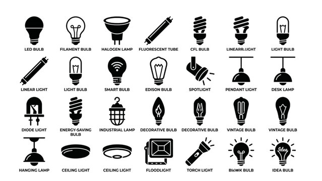 Light Bulb Types Glyph Icon Set LED Fluorescent Halogen Filament Lamp Silhouette Collection